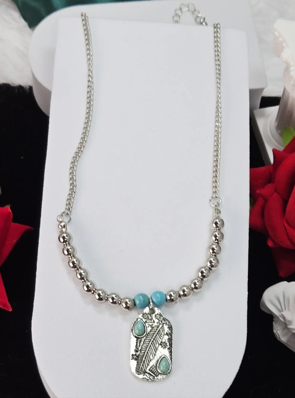 Western Turquoise Medallion Necklace Feather Charm Beaded Silver Desert Glow